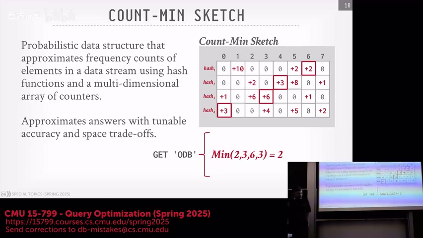 Count-Min Sketch 查询取多行计数的最小值,课程视频 48:00