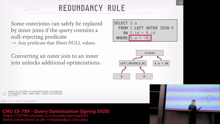 Null-rejecting 谓词与外连接化简，课程视频 55:30